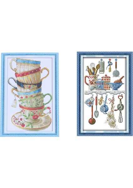 2 Set Dıy El Yapımı Nakış Çapraz Dikiş Takım Emboider Set Ev Dekorasyonu 1 Set 14CT Kahve Bardakları Desen Çapraz Dikiş 28X42CM &amp 1 Set Mutfak Soyulması 29X48CM (Yurt Dışından)