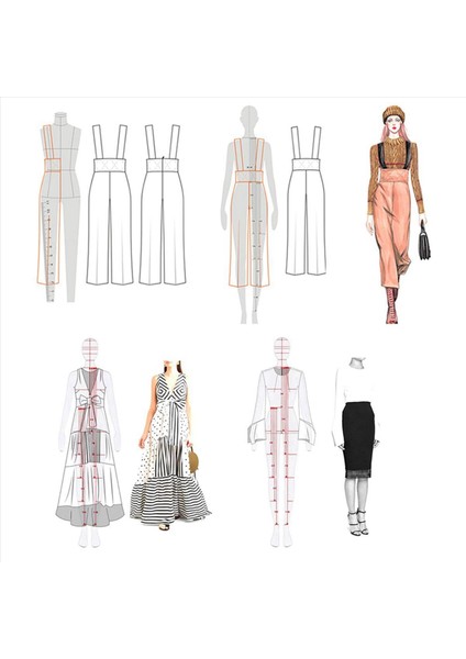 2x Moda Illüstrasyon Yöneticileri Çizim Şablonları Cetvel Dikiş Insansı Desenler Tasarım Giysileri Ölçüm Kombinasyon (Yurt Dışından) modelleri