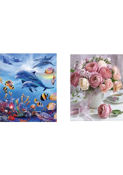 2 Set 5d Dıy Elmas Resim Tam Yuvarlak Elmas Nakış Çapraz Dikiş Elmas Resim Yunuslar Hayvan ve Kahve Gül (Yurt Dışından)