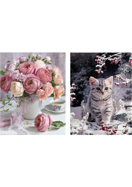 2set Dıy Yuvarlak Matkap Elmas Boyama Çapraz Dikiş Mozaikleri Tam% 100 Kapak Nakış &quot Kahve ve Gül&quot ve Kar Yavru Kedi (Yurt Dışından)