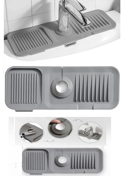 Musluk Matı, Eviye Matı,elastik Musluk Matı Su Tutucu Düzenleyici Kaydırmaz Taban Organizer Mutfak Lavabo, Musluk Matı Silikon (Gri)