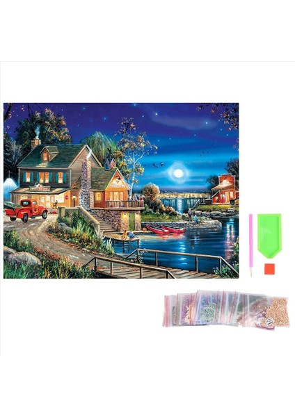 Dıy 5d Boyama Peyzaj Lodge Tam Matkap Yuvarlak Ev Dekorasyon Nakış Resmi El Sanatları Sanat Kiti (Yurt Dışından)