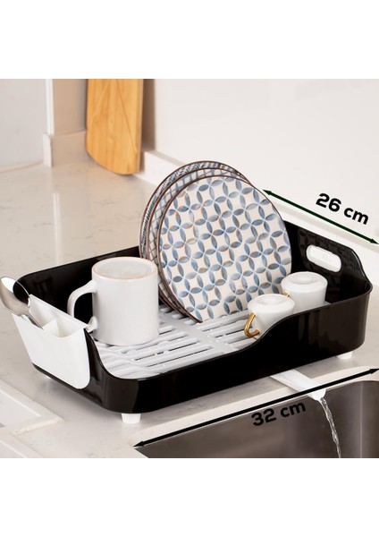 AKL-060 Siyah Lüks Tabaklık Bulaşıklık-Yönlendirilebilir Su Akıtma Kanallı Bulaşık Sepeti-Kaşıklıklı