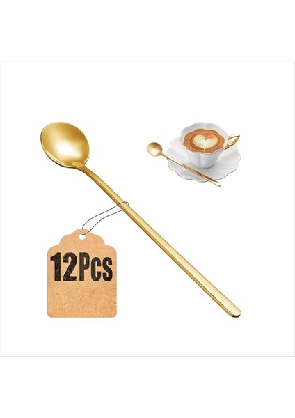 12 Adet Kahve Kaşıkları Set Altın Çay Kaşık Uzun Sapı Karıştırma Kaşık Kahve Yuvarlak Karıştırma Kaşık Bal Tatlı Kaşık (Yurt Dışından) indirimleri