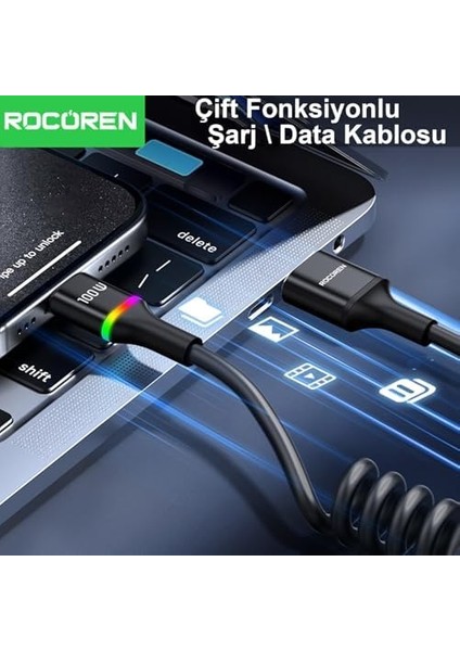 100W 7A Spiral Rgb LED Işıklı Spiral Type-C Hızlı Şarj ve Data Kablosu 1.6 Metre fiyatları