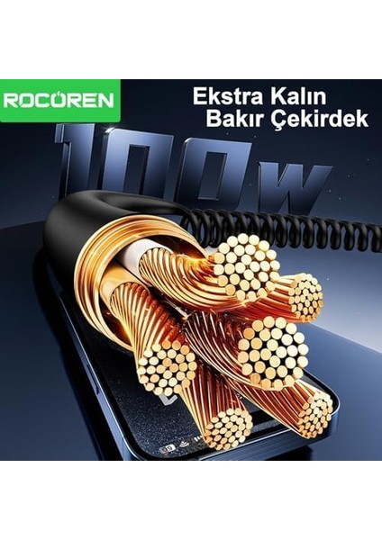 100W 7A Spiral Rgb LED Işıklı Spiral Type-C Hızlı Şarj ve Data Kablosu 1.6 Metre modelleri