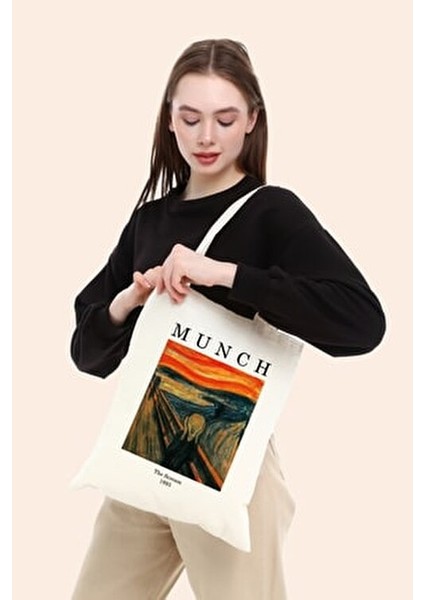 Much Çığlık Tablosu Ham Bez Omuz Çantası Orta Boy Ergonomik Tasarım 35x40 cm