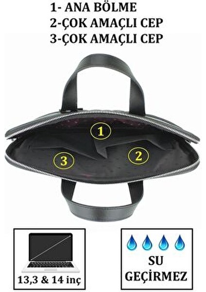Siyah Laptop Evrak Çantası Su Geçirmez Poliüretan Malzeme 13.3 ve 14 İnç Uyumlu