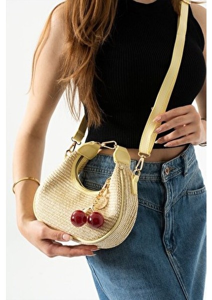 Meche Atelier Perry Kadın El ve Omuz Çantası Su İtici Hasır Malzeme Kiraz Charm Hediyeli fırsatları