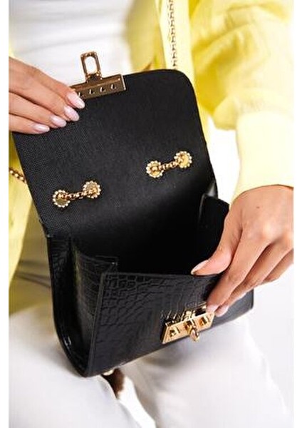 1130-S Kutu Form Zincir Askılı Krokodil Desen Askılı Omuz, El ve Kol Çantası