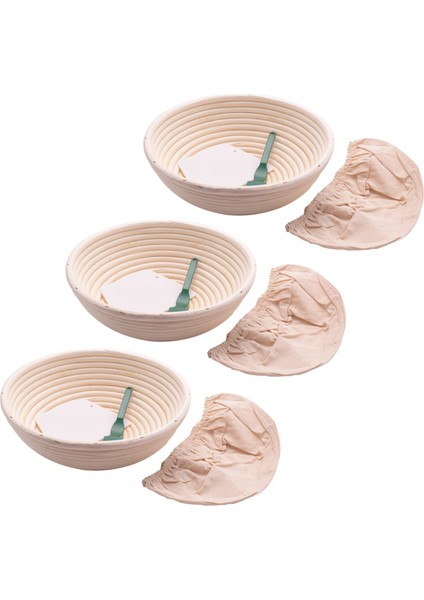 3x 10 Inç Ekmek Prova Sepeti - Banneton Prova Sepeti + Kumaş Astar + Hamur Kazıyıcı + Ekmek Topal - Sepet Seti (Yurt Dışından)