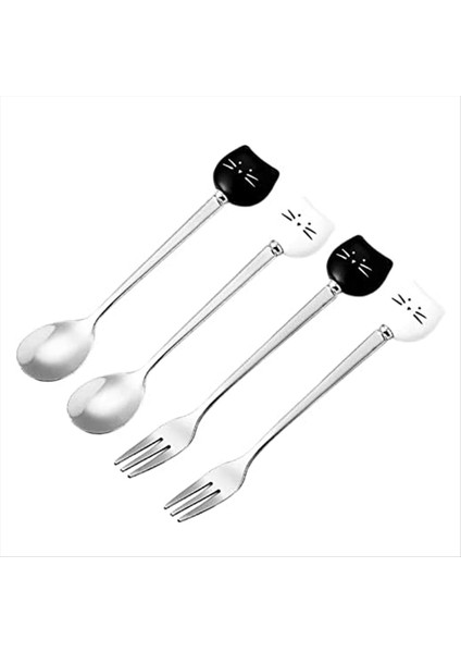 Sevimli Kediler Kahve Kaşık ve Çatal Seti Seramik Paslanmaz Çelik Kediler Tatlı Kaşık Içecek Kaşıkları Meyve Çatal (Yurt Dışından)