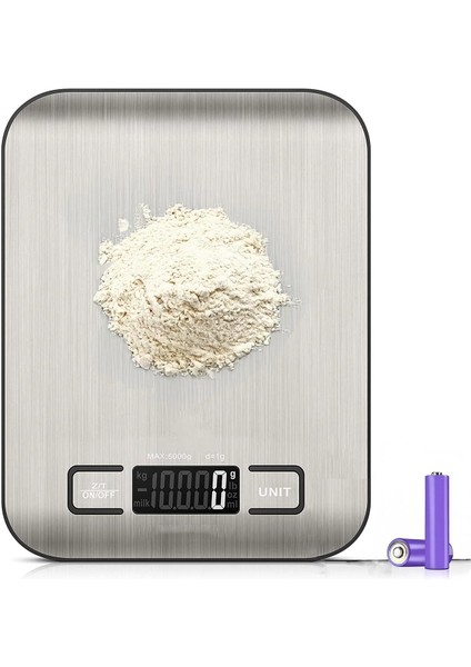 Mutfak Terazisi – Paslanmaz Çelik Yüzeyli Tartı, 5 kg Kapasiteli, Dara Özellikli, LCD Ekranlı, 5 Birim Dönüşümlü, Pilli, Tartı