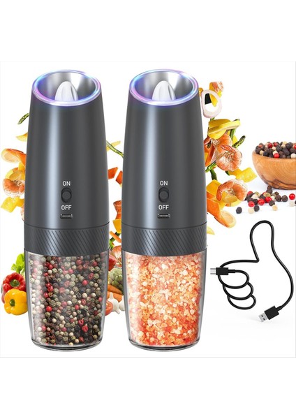 Elektrik Tuz ve Biber Öğütücü Seti Şarj Edilebilir Tuz ve Karabiber Öğütücü Seti LED Işık Ayarlanabilir Kaba (Yurt Dışından)