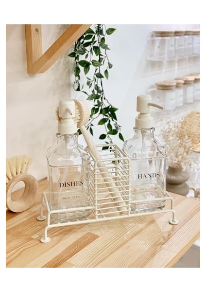 Mutfak Sabun ve Deterjan Dispenser Seti Demir Çiftli Pompa ve Sünger Sabunluk 500 ml Bej modelleri