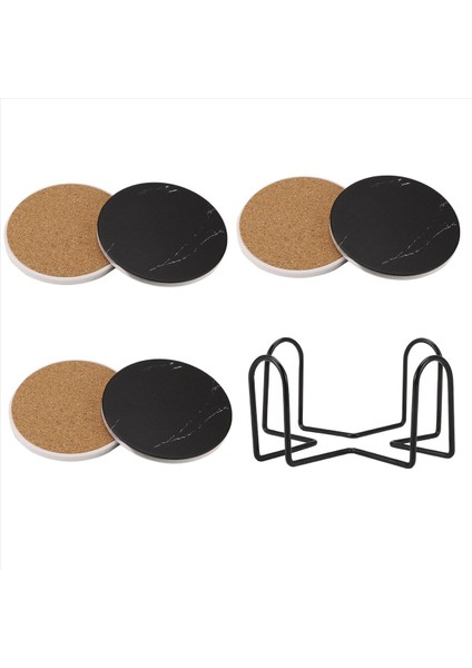 Içecek Bardak Altlıkları Metal Tutucu Standı ile Seramik Taş Coaster Seti Tabanı Mermer Yüzey Deseni 6 Siyah (Yurt Dışından) modelleri