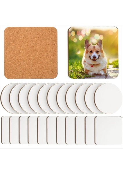 24 Adet Süblimasyon Bardak Altlıkları 4 x 4inch Contboard Coaster Cork ve Mdf Boş Süblimasyon Arabası Bardak Altlıkları (Yuvarlak Kare) (Yurt Dışından)