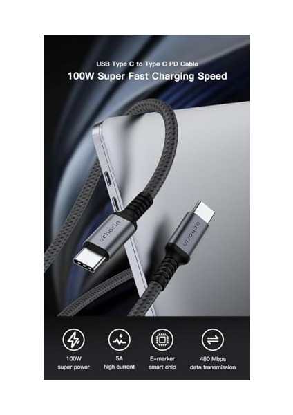 Şarj ve Veri Aktarım Kablosu 20V5A, Type C'den Type C'ye, 100W, Çift Kat Örgülü (Gri, 2 Metre) fiyatları