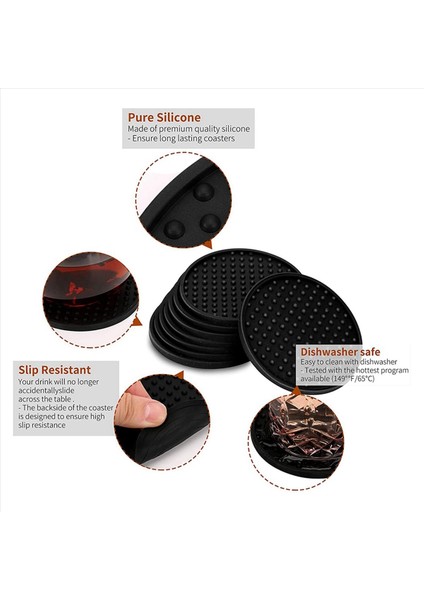 Siyah Yuvarlak Silikon Kauçuk Içecek Bardak Altlıkları (60 Seti) Evler ve Çubuklar Için Olmayan Kaymaz (Yurt Dışından) modelleri
