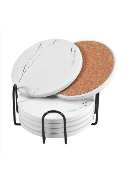 Içecek Bardak Altlıkları Metal Tutucu Standı ile Seramik Taş Coaster Seti Tabanı Mermer Yüzey Deseni 6 Beyaz (Yurt Dışından) modelleri
