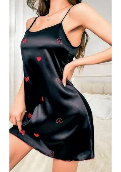 Saten Desenli Ip Askılı Kısa Gecelik