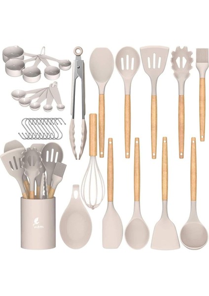 Mikla Dayanıklı Yanmaz Yapışmaz 33 Parça Silikon Spatula Mutfak Seti Vanilya