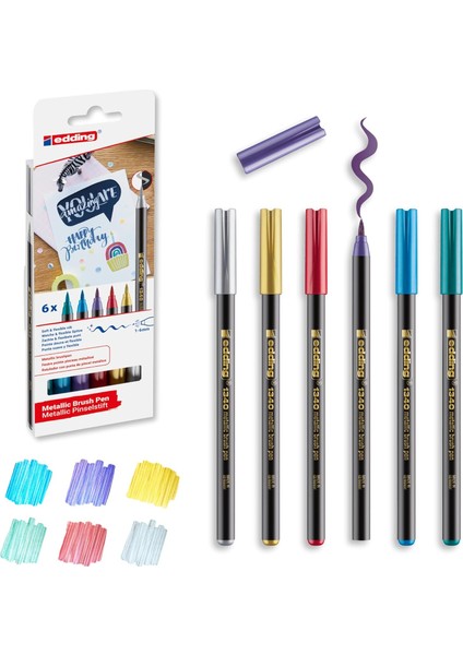 1340 Metalik Fırça Uçlu Keçeli, 6 Parlak Renkli Set, Esnek Fırça Ucu