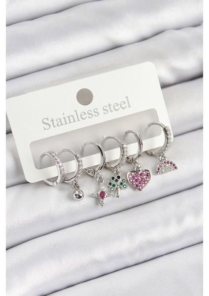 Pirinç Zirkon Taşlı Karpuz Yonca Kalp Pusula Karışık Model Gümüş Renk 6'lı Set Kadın Küpe - TJ-BKP10757 fiyatları