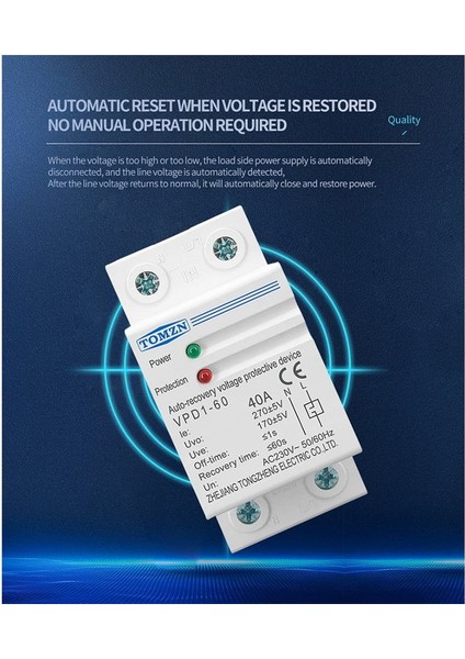 Tomzn 230V Dın Ray Otomatik Kendini Voltaj ve Voltaj Altında Koruyucu Cihaz Koruma Rölesi 40A (Yurt Dışından)