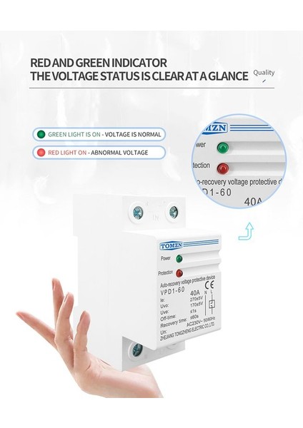 Tomzn 230V Dın Ray Otomatik Kendini Voltaj ve Voltaj Altında Koruyucu Cihaz Koruma Rölesi 40A (Yurt Dışından) fiyatları