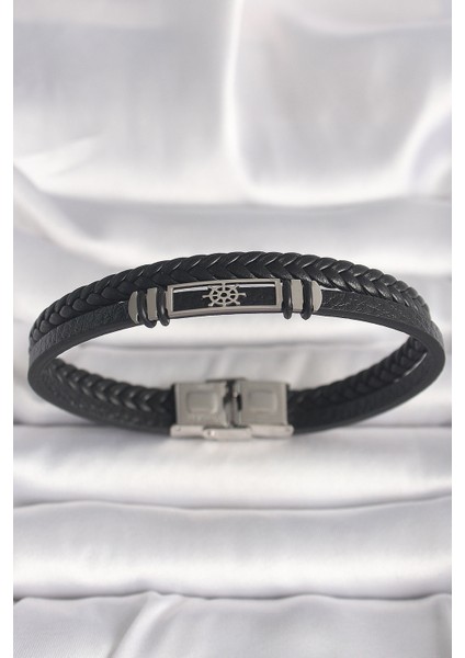 316L Çelik Gümüş Renk Gemi Dümeni Figür Siyah Burgu Deri Kordon Model Erkek Bileklik - TJ-EB3701 fiyatları