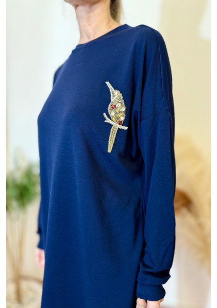 Büyük Beden Premium Kalite Kuş Işleme Detaylı Pantolonlu Kadın Ikili Takım