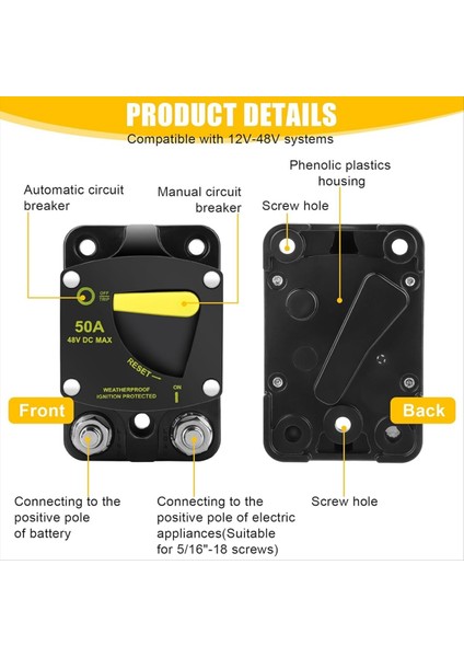 50AMP Devre Kesici W/manuel Sıfırlama Anahtarı Dc 12-48V Yüksek Amper W/wire Lugs Araba Ses Rv Marine Için Bakır Yıkayıcı (Yurt Dışından) modelleri