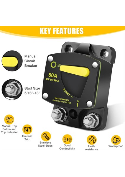 50AMP Devre Kesici W/manuel Sıfırlama Anahtarı Dc 12-48V Yüksek Amper W/wire Lugs Araba Ses Rv Marine Için Bakır Yıkayıcı (Yurt Dışından) fırsatları
