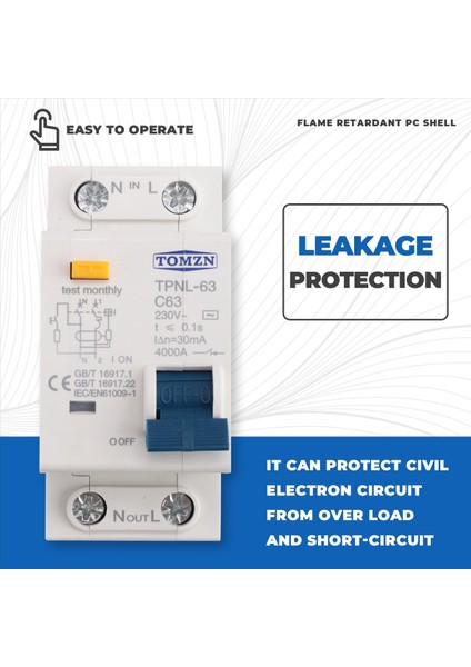Tomzn Tpnl Dpnl 230V 1p+N Aşırı ve Kısa Akım Koruması Rezikal Devre Kesici Rcbo Mcb Tpnl 63A (Yurt Dışından) indirimleri