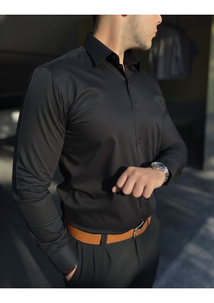 Klasik Fit Geniş Kesim Tek Cepli Kolay Ütülenebilen Mevsimlik Uzun Kollu Düz Renk Erkek Gömlek