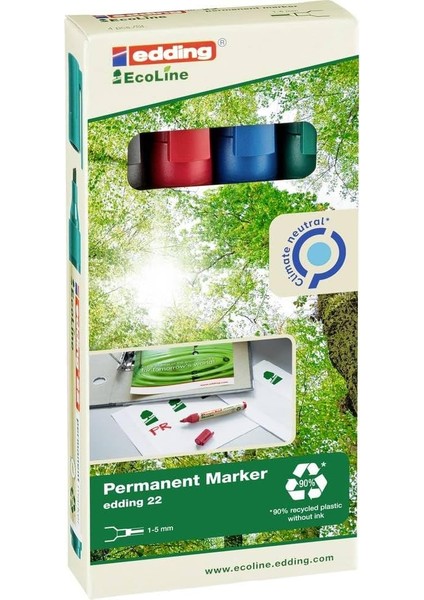 22 Ecoline Permanent Markör, 4'lü Set, Karışık Renkler, Kesik Uç, Yeniden Doldurulabilir