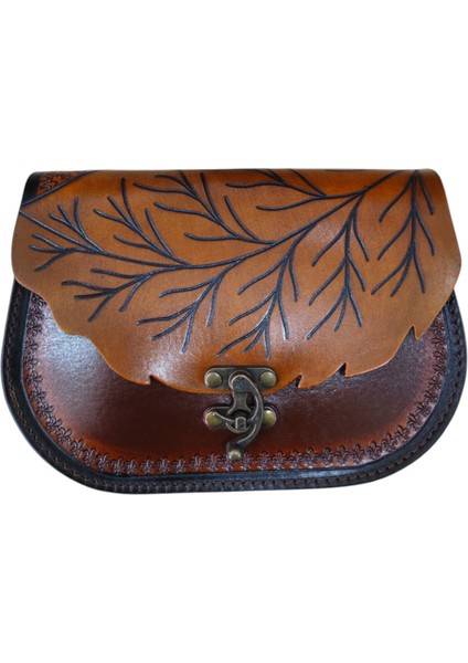 El Yapımı Hakiki Deri Yaprak Kapaklı Kadın Çapraz Çanta | El Kabartma Doğa Temalı Bohem Omuz Çantası | 4 Farklı Renk Seçeneği