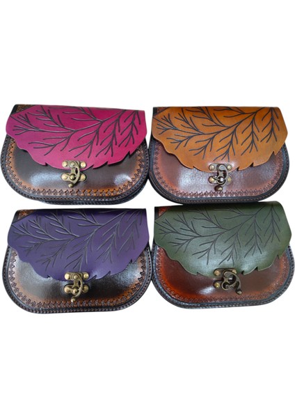 El Yapımı Hakiki Deri Yaprak Kapaklı Kadın Çapraz Çanta | El Kabartma Doğa Temalı Bohem Omuz Çantası | 4 Farklı Renk Seçeneği
