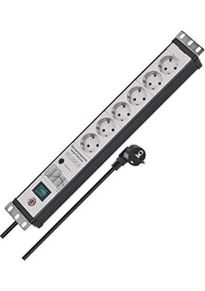 Premium- Çoklu Priz, 6 Katlı, Aşırı Gerilim Korumalı, 60.000 A (19 Inç Formatında, 3 M Kablo, Şalterli, Alman Malı) Siyah/gri modelleri
