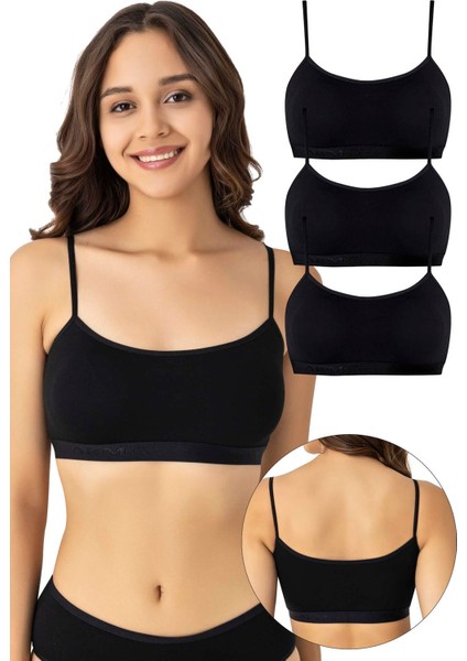 Kadın Bambu İp Askılı Çıkarılabilir Pedli Büstiyer Siyah 3'lü Paket