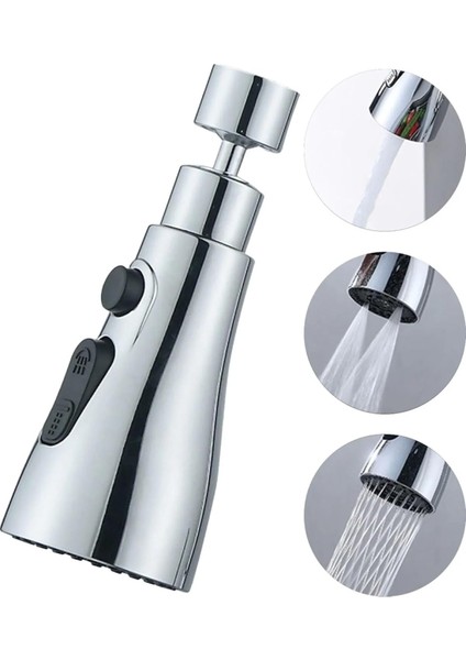 Krom 3 Fonksiyonlu Mutfak Lavabo Başlığı, 720 Derece Döner, Su Tasarruflu, Şık ve Dayanıklı Tek Musluk Ucu