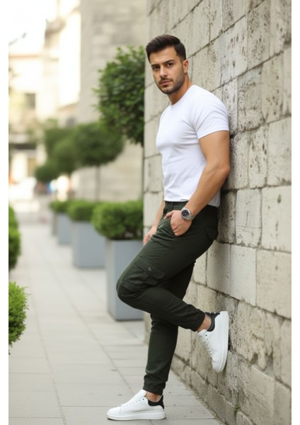 Erkek Basic Kargo Cepli Lastikli Paça Haki Pantolon