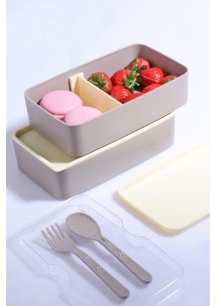 Diyarı 2 Katlı Mikrodalga Uyumlu Yemek Saklama Kabı Beslenme Kutusu Sporcu Öğrenci Okul Işyeri Sefer Tası Krem
