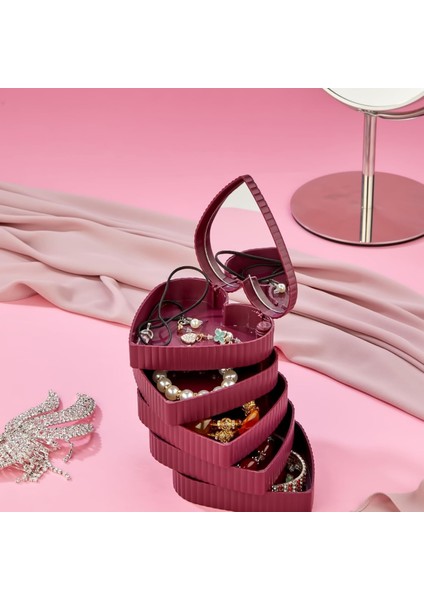 Çizgili Desenli Kalpli Mina 5 Katlı Aynalı Takı Organizeri Aynalı Takı Organizeri