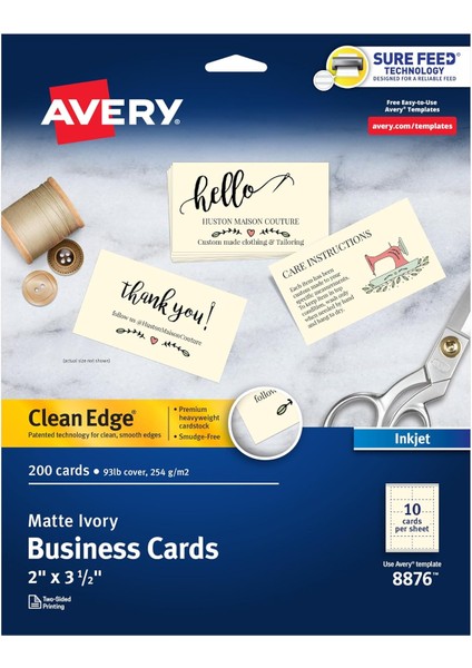 Basılabilir Kartvizitler, Mürekkep Püskürtmeli Yazıcı, 200 Kart, 2 x 3,5, Temiz Kenar, Ağır, Fildişi Rengi (8876)
