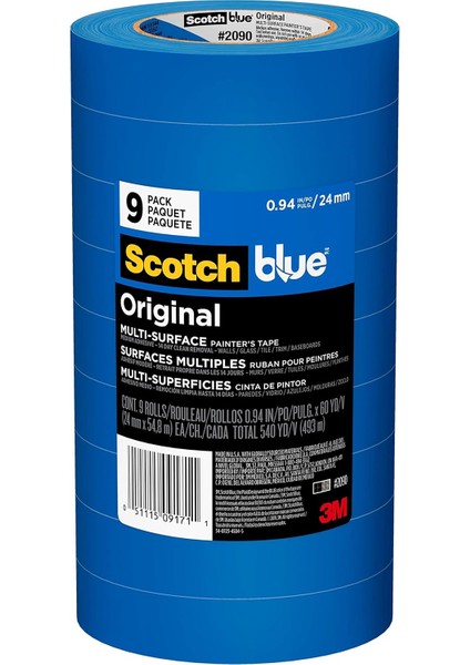 Ressam Bandı Orijinal Çok Yüzeyli Ressam Bandı, 0,94 Inç x 60 Yard (Toplam 540 Metre), 2090, 9 Rulo