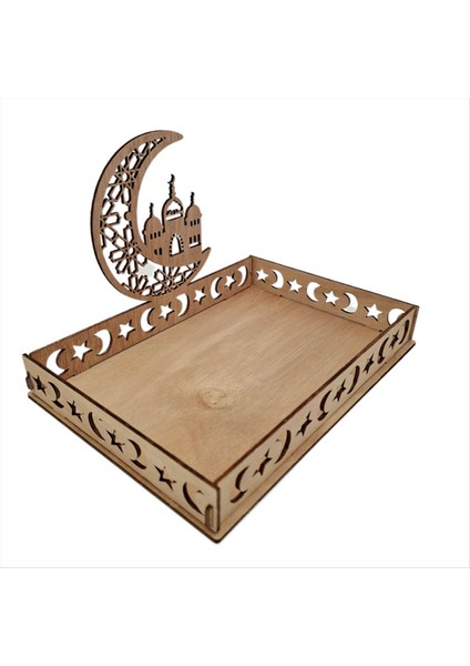 Ramazan Plakası Eid Mübarek Tepsisi Ahşap Tepsi Masa Dekorasyonu Ay ve Yıldız Deseni ile Tepsiye Servis Yapan Tatlı Atıştırmalıkları Için Dekorasyon (Yurt Dışından)