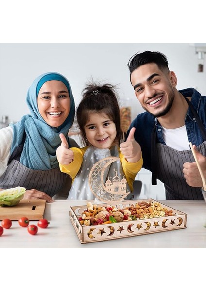 Ramazan Plakası Eid Mübarek Tepsisi Ahşap Tepsi Masa Dekorasyonu Ay ve Yıldız Deseni ile Tepsiye Servis Yapan Tatlı Atıştırmalıkları Için Dekorasyon (Yurt Dışından) fiyatları