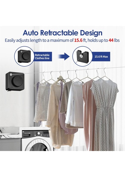 Geri Çekilebilir Çamaşır Kapalı Iç Mekan Açık Havada 14FT Ağır Iş Kıyafetleri Kurutma Çamaşır Hattı Duvara Monte Clothesline Siyah (Yurt Dışından) fırsatları